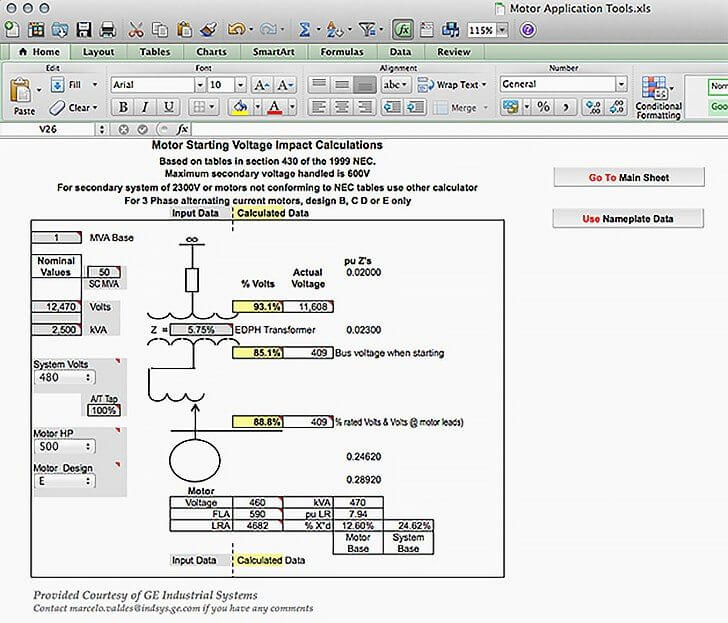 ماشین حساب مخصوص افت ولتاژ موتور Spreadsheet